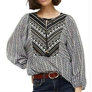 VARQ Anthropologie Daeria Chevron Peasant Blouse Women Large Embroidered Boho
